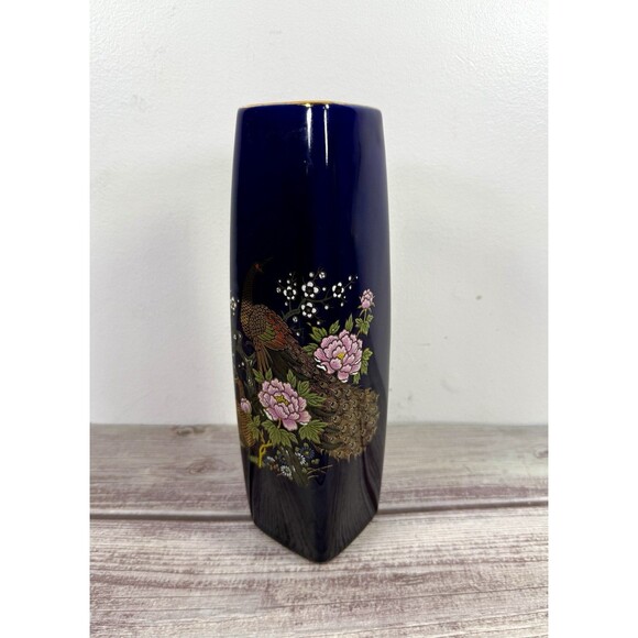 Cobalt Blue Peacock and Floral Vase 22-Gold Trim porcelain vtg - Picture 1 of 14